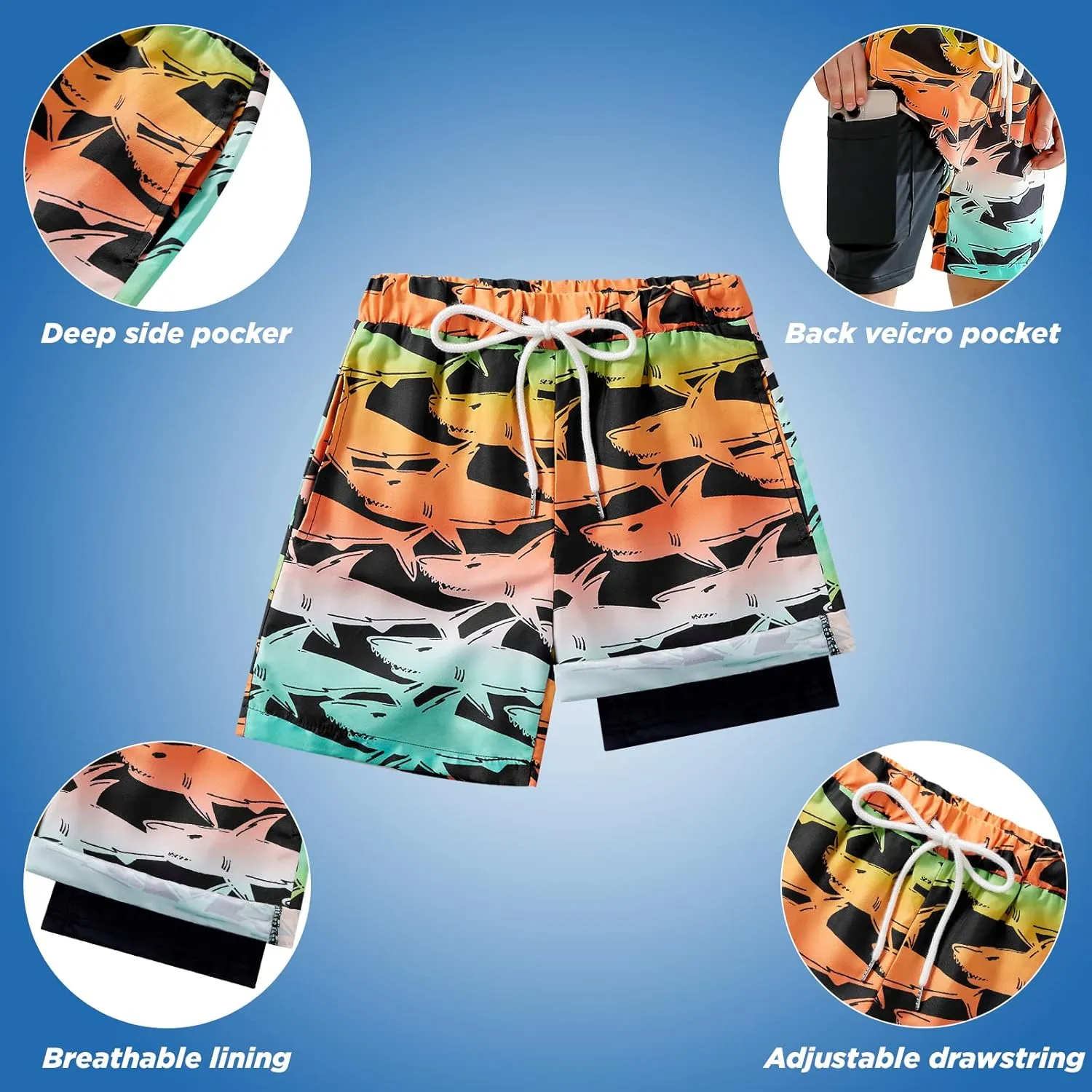 Boys Swim Trunk with Compression Boxer Brief Double Layer Beach Surf Board Shorts Kids Quick Dry Anti Chafe Swimwear