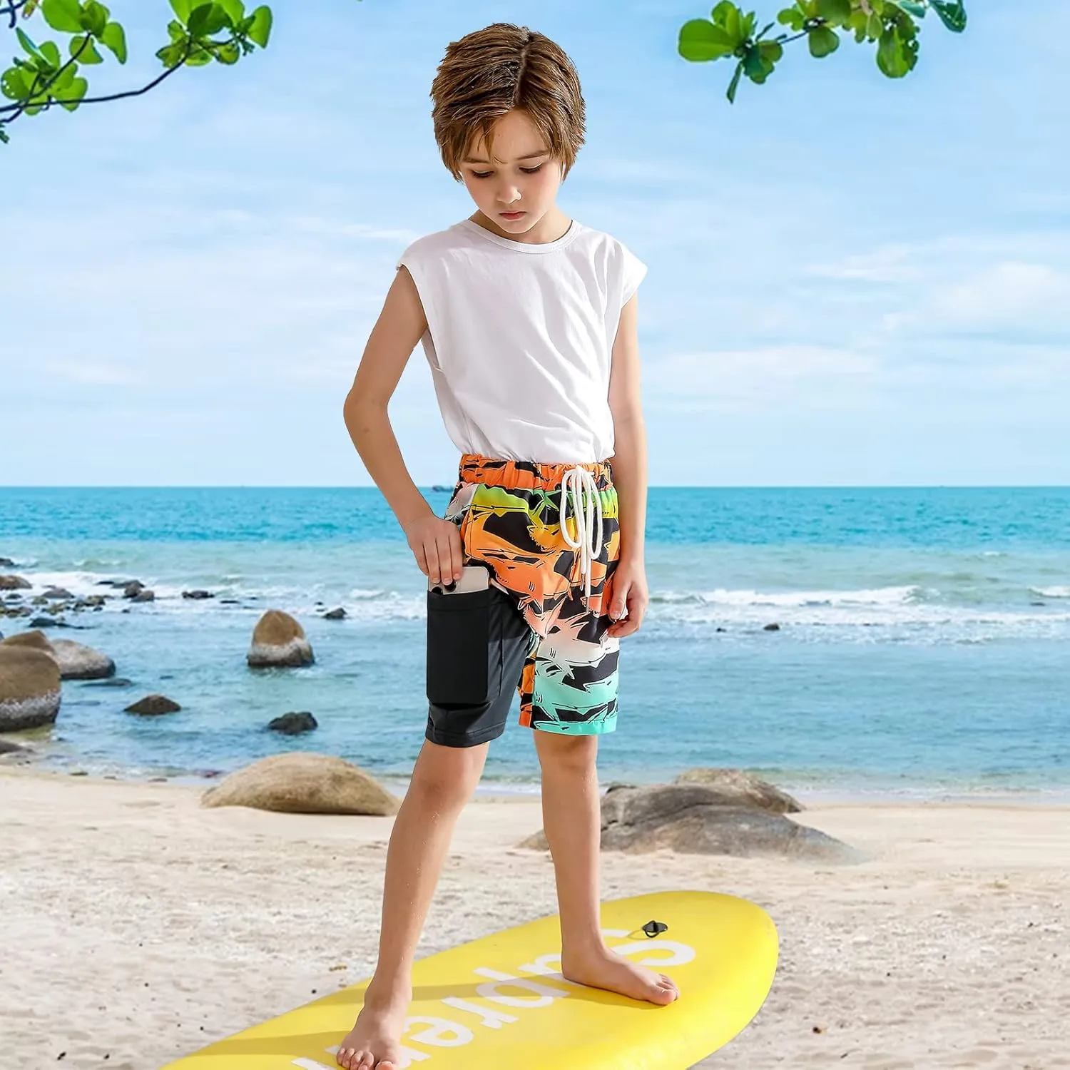 Boys Swim Trunk with Compression Boxer Brief Double Layer Beach Surf Board Shorts Kids Quick Dry Anti Chafe Swimwear