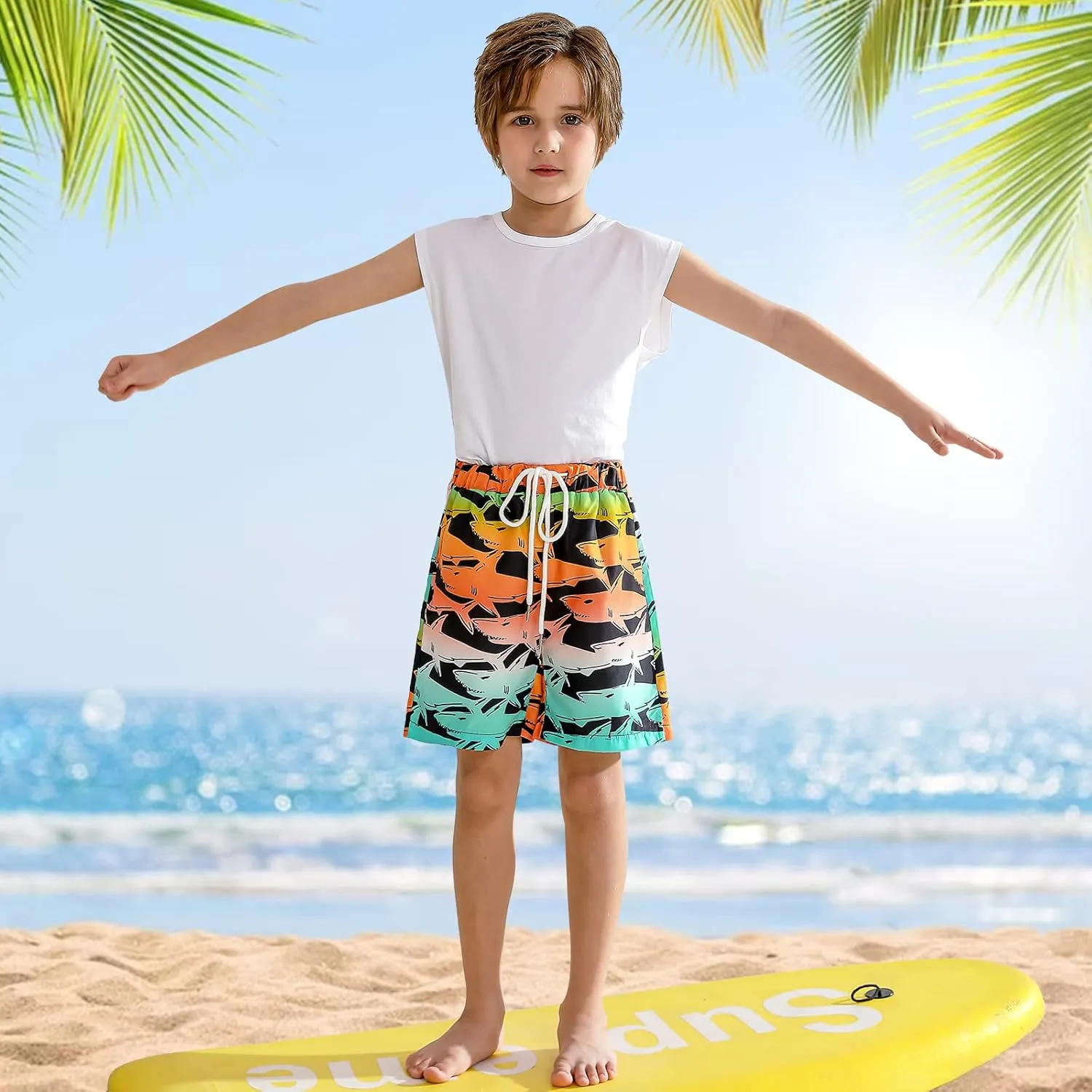 Boys Swim Trunk with Compression Boxer Brief Double Layer Beach Surf Board Shorts Kids Quick Dry Anti Chafe Swimwear