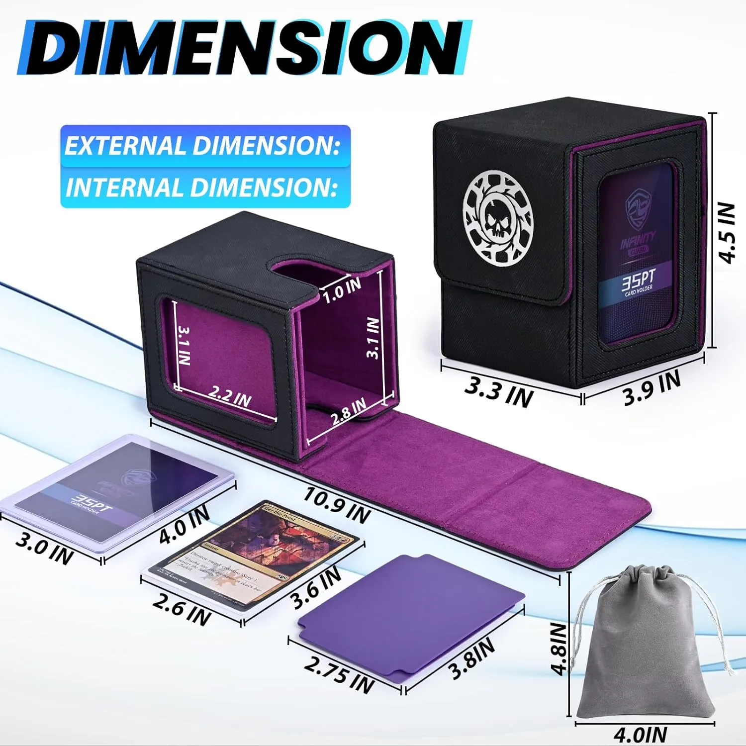 Card Deck Box for MTG with Commander Display for 100  Double Sleeved Cards, Magnetic Card Storage Box Fits for TCG Sports Trading Cards (Black&Purple)