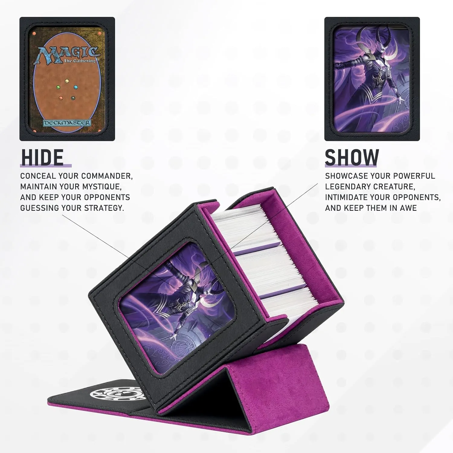 Card Deck Box for MTG with Commander Display for 100  Double Sleeved Cards, Magnetic Card Storage Box Fits for TCG Sports Trading Cards (Black&Purple)