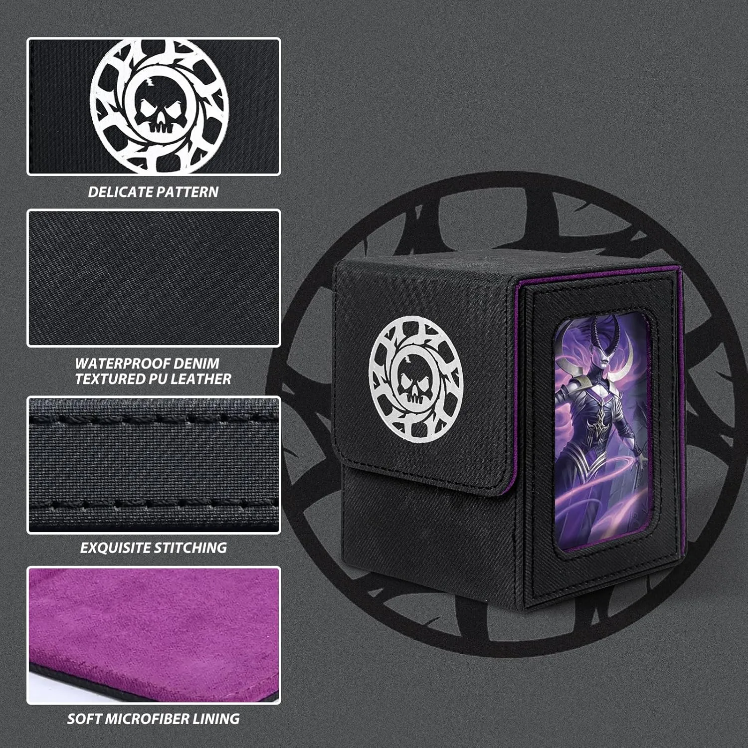 Card Deck Box for MTG with Commander Display for 100  Double Sleeved Cards, Magnetic Card Storage Box Fits for TCG Sports Trading Cards (Black&Purple)