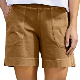 Cotton Shorts for Women Casual 7 Inch Inseam Shorts Summer Elastic Waist Short Vacation Beach Outfits with Pockets