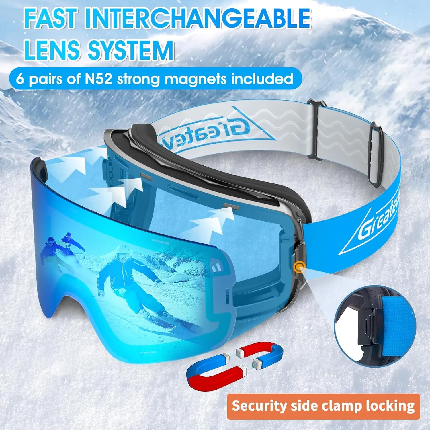 Greatever Ski Goggles, OTG Frameless Snow Snowboard Goggles Cylindrical, Anti Fog UV402 Protection For Men Women Youth Kids