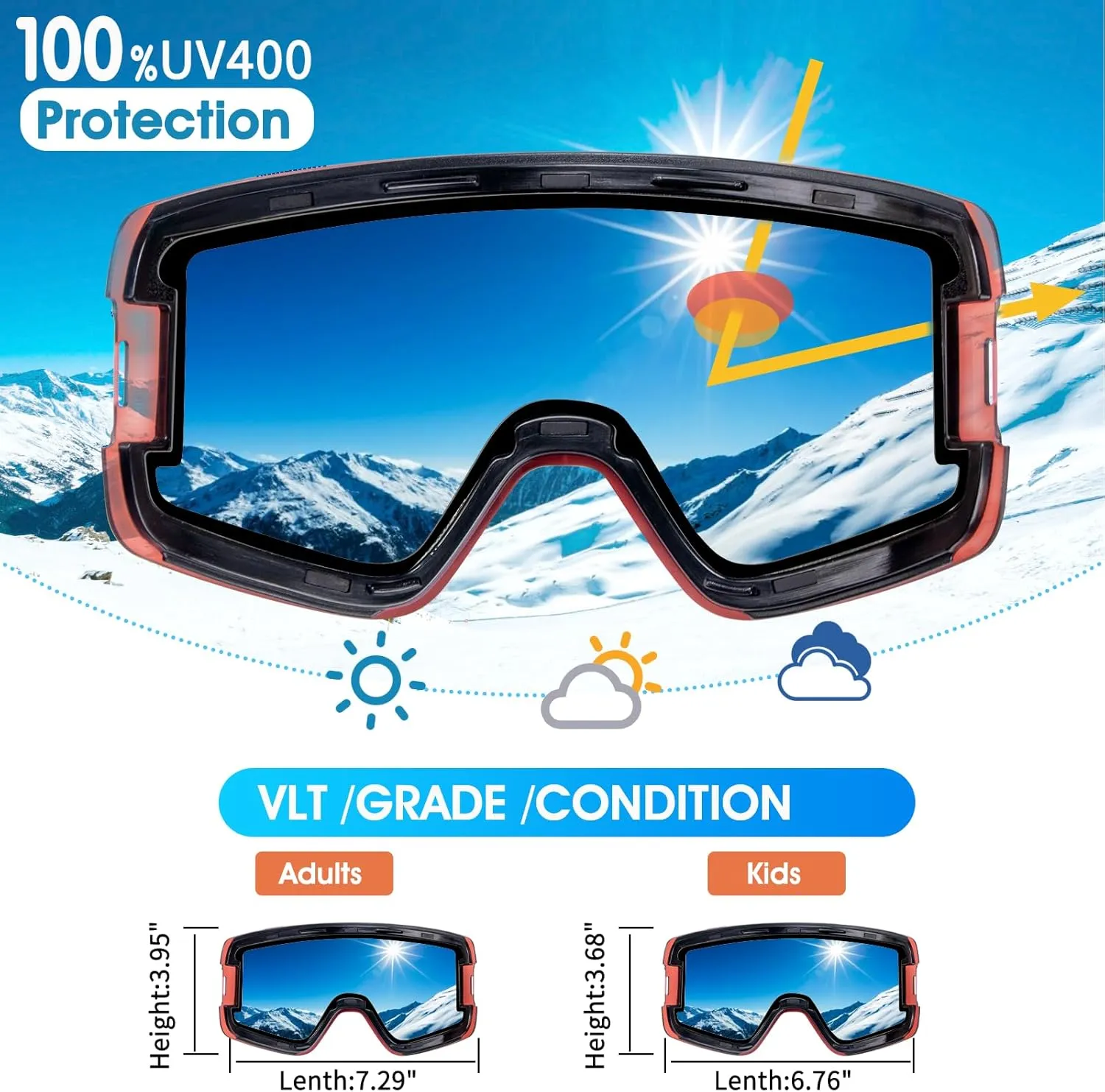 Greatever Ski Goggles, OTG Frameless Snow Snowboard Goggles Cylindrical, Anti Fog UV402 Protection For Men Women Youth Kids
