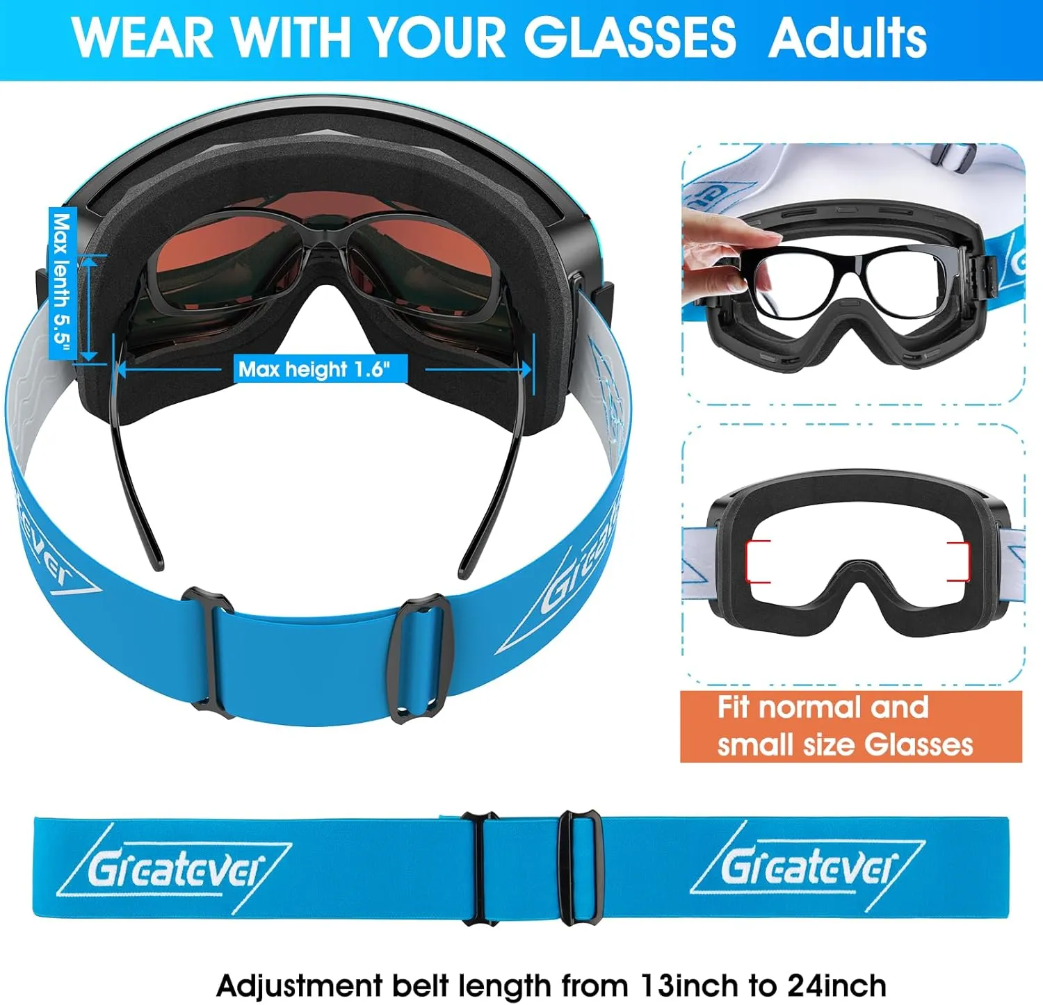 Greatever Ski Goggles, OTG Frameless Snow Snowboard Goggles Cylindrical, Anti Fog UV402 Protection For Men Women Youth Kids