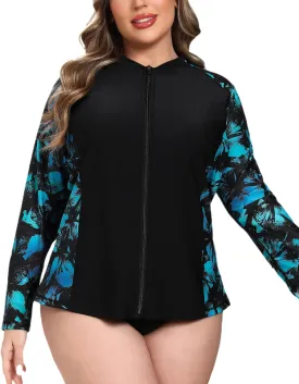 Halcurt Women's Plus Size Long Sleeve Rash Guard Shirts Full Zip Swim Top UPF50  Loose Fit Quick Dry Swimsuit