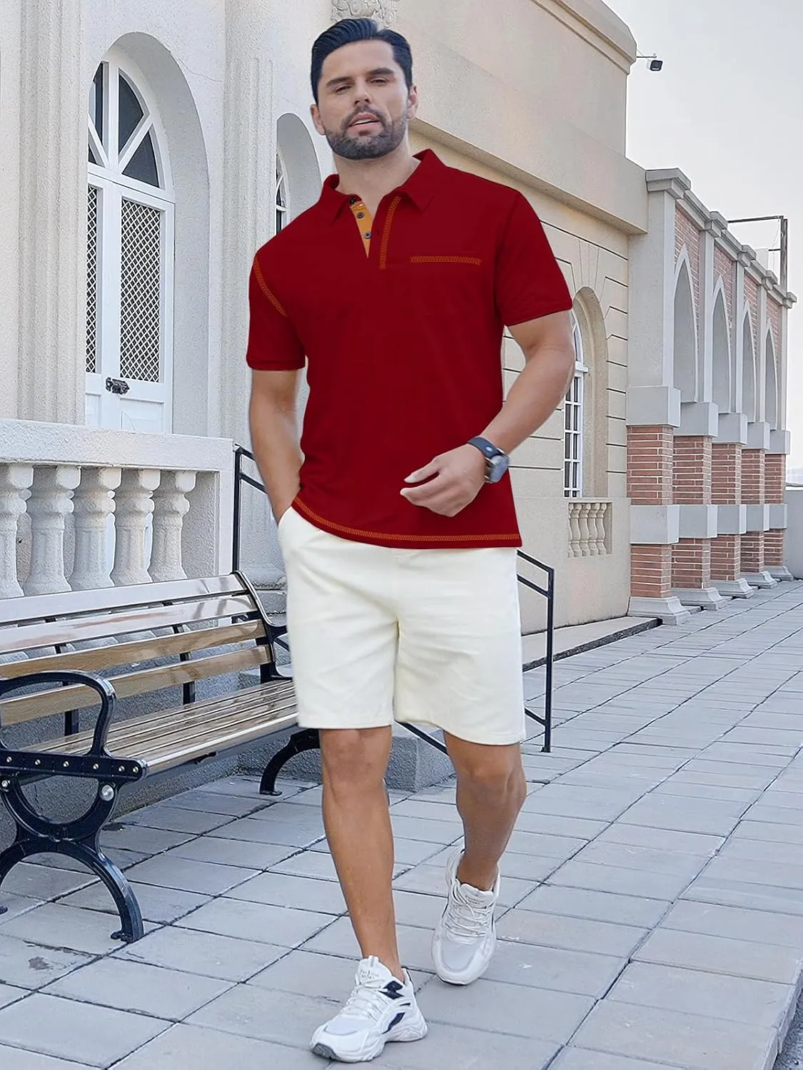 Men's Casual Polo Shirts Shorts Sleeve Summer Shirt Classic Collared Button Golf Shirts with Pocket