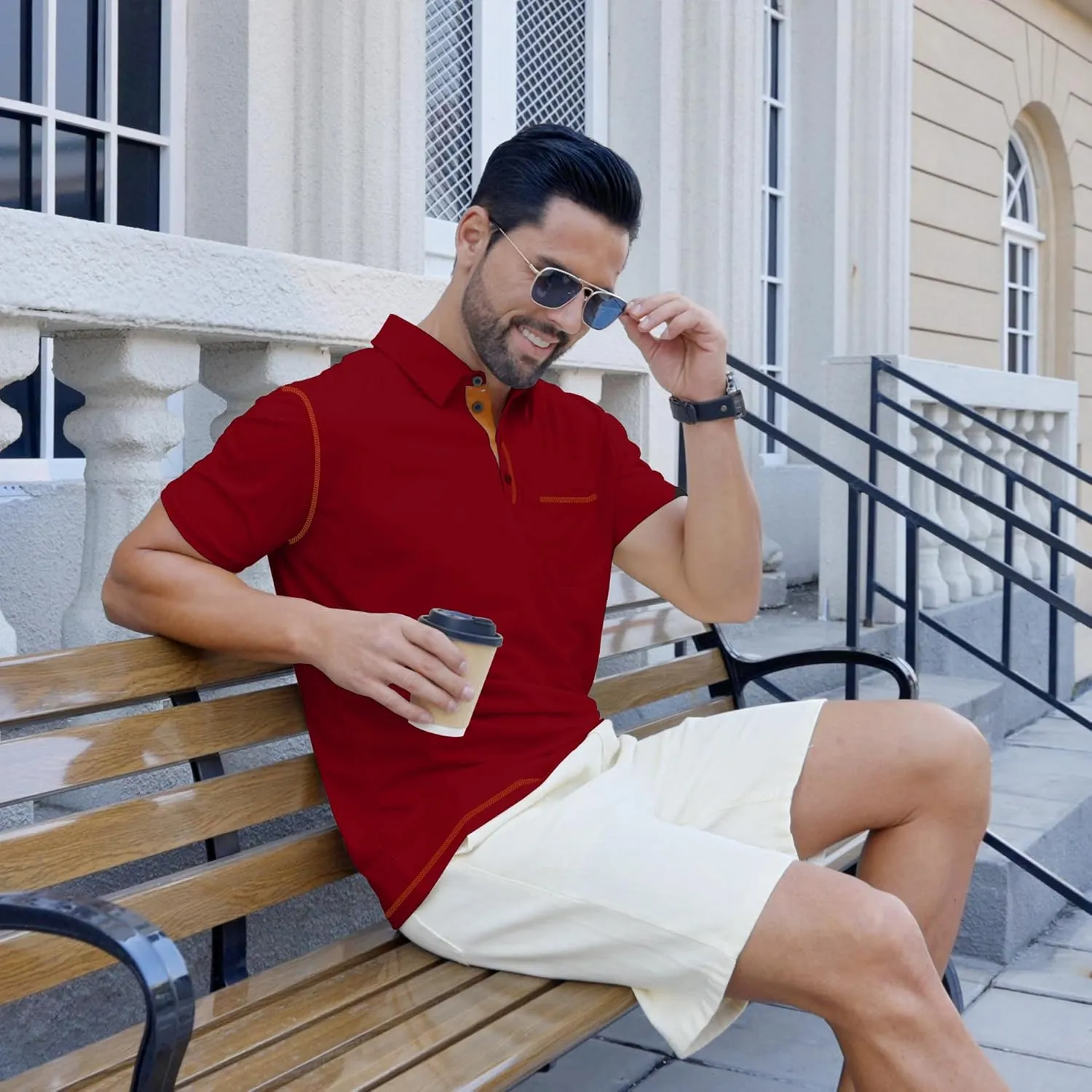 Men's Casual Polo Shirts Shorts Sleeve Summer Shirt Classic Collared Button Golf Shirts with Pocket