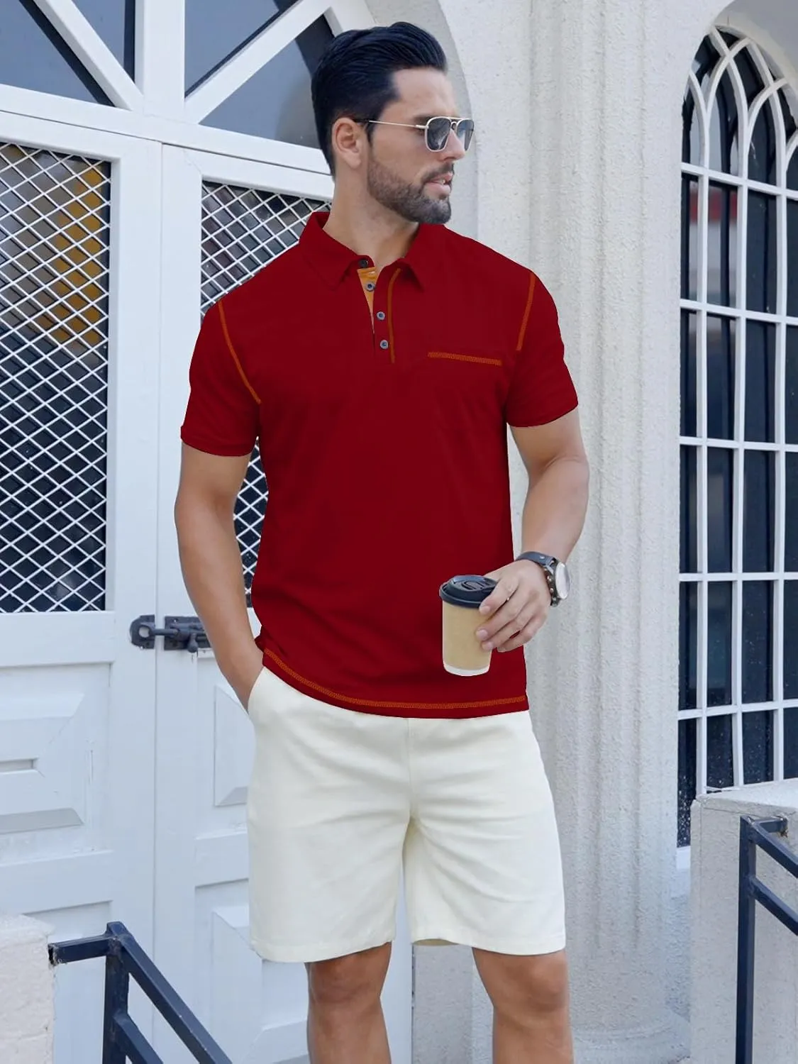 Men's Casual Polo Shirts Shorts Sleeve Summer Shirt Classic Collared Button Golf Shirts with Pocket