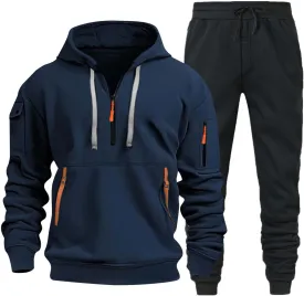 Men's Stylish Casual Hoodie with Chinstrap Pocket Solid Color Hoodie with Foot Adjustment Pants Set