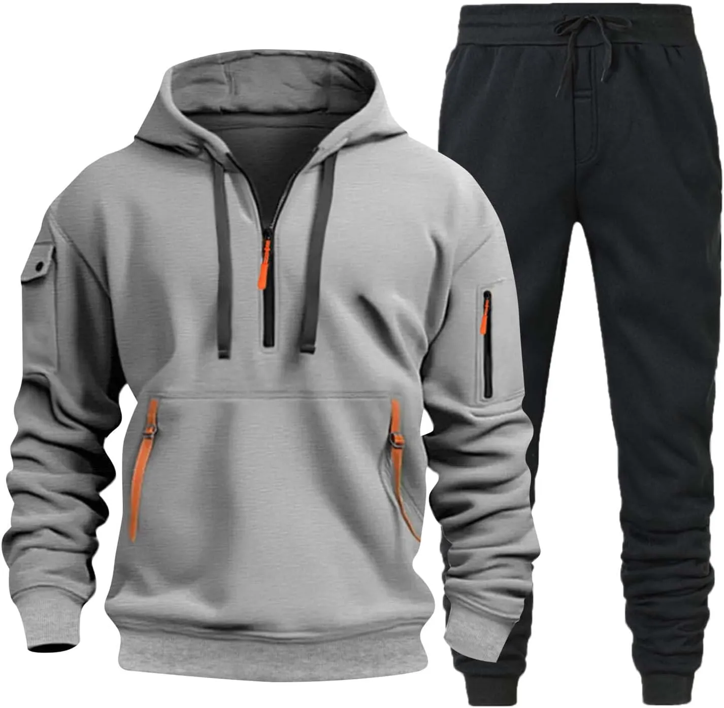 Men's Stylish Casual Hoodie with Chinstrap Pocket Solid Color Hoodie with Foot Adjustment Pants Set