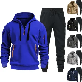 Men's Stylish Casual Hoodie with Chinstrap Pocket Solid Color Hoodie with Foot Adjustment Pants Set