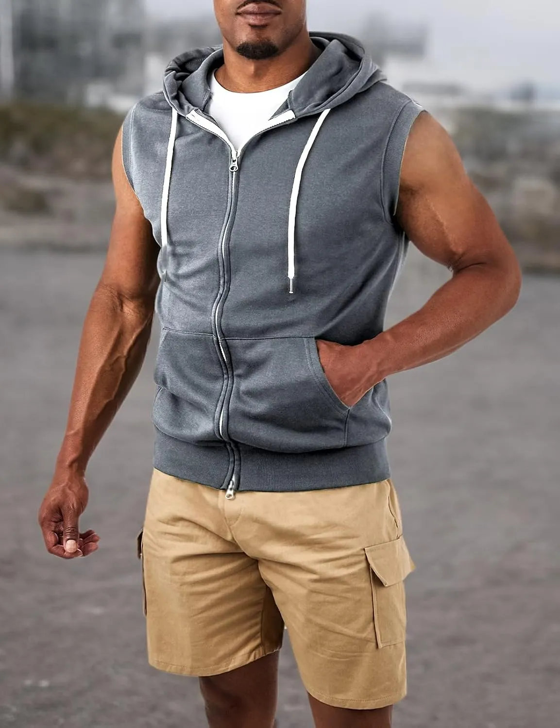 Ohoo Mens Slim Fit Sleeveless Lightweight Zip Up Hooded Sweatshirt Vest Hoodie