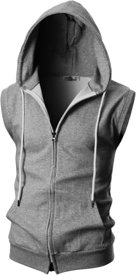 Ohoo Mens Slim Fit Sleeveless Lightweight Zip Up Hooded Sweatshirt Vest Hoodie