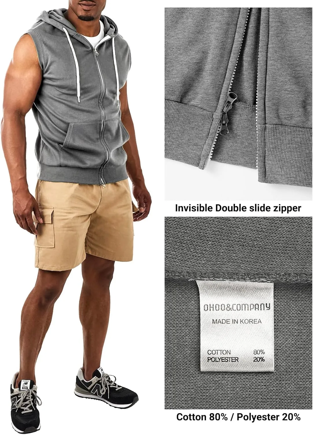 Ohoo Mens Slim Fit Sleeveless Lightweight Zip Up Hooded Sweatshirt Vest Hoodie