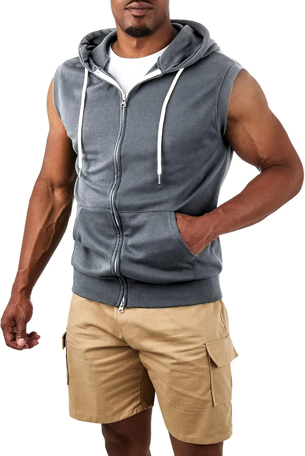 Ohoo Mens Slim Fit Sleeveless Lightweight Zip Up Hooded Sweatshirt Vest Hoodie