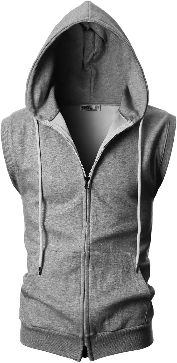Ohoo Mens Slim Fit Sleeveless Lightweight Zip Up Hooded Sweatshirt Vest Hoodie