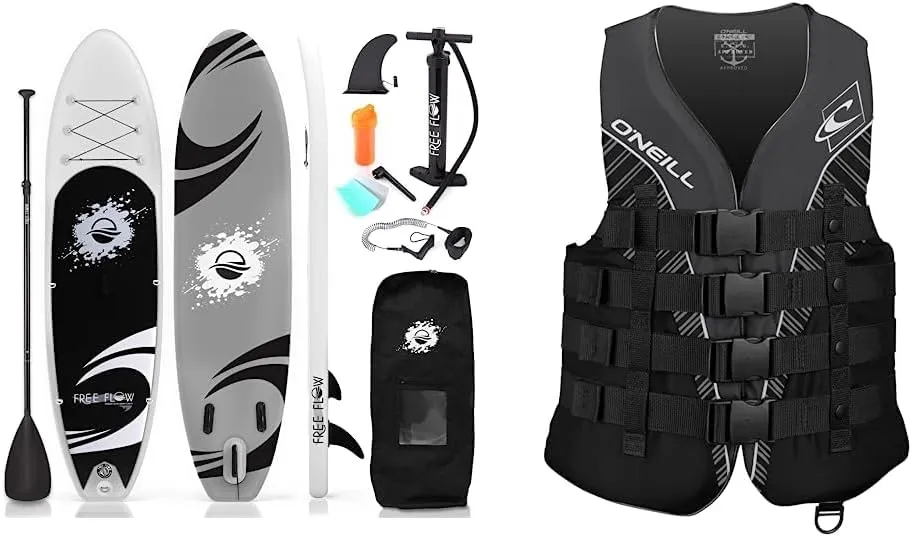 SereneLife Inflatable Stand Up Paddle Board (6 Inches Thick) with Premium SUP Accessories & Carry Bag | Wide Stance & O'Neill Men's Superlite USCG Life Vest,Black/Black/Smoke:White,M