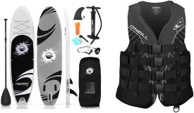 SereneLife Inflatable Stand Up Paddle Board (6 Inches Thick) with Premium SUP Accessories & Carry Bag | Wide Stance & O'Neill Men's Superlite USCG Life Vest,Black/Black/Smoke:White,M