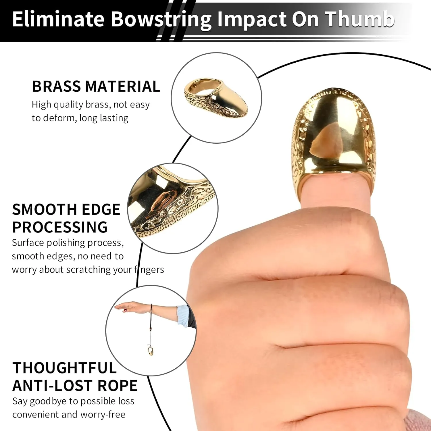 SPG Archery Thumb Ring - Hard Brass Thumb Draw Archery Finger Guard Traditional Bow Thumb Protector with Anti-Loss Safety Lanyard Left & Right Hand for Shooting Recurve Bow Accessories