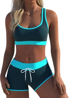 Womens Sport Two Piece Swimsuits Racerback Tops Boyshort Bottom